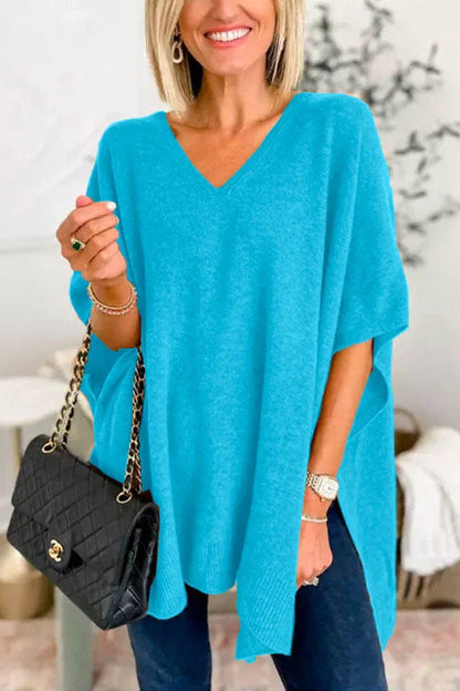 Women's Oversized V-Neck Batwing Sleeve Knit Poncho Sweater