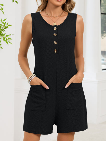 Textured Button Tank Romper Sleeveless Pocket Lounge Set