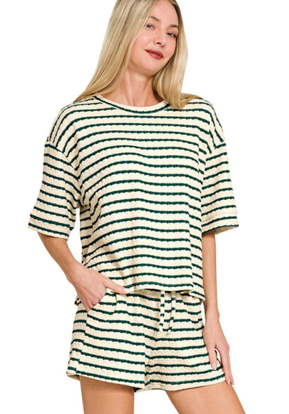 Stripe Textured Knit Lounge Set Casual Shorts Outfit