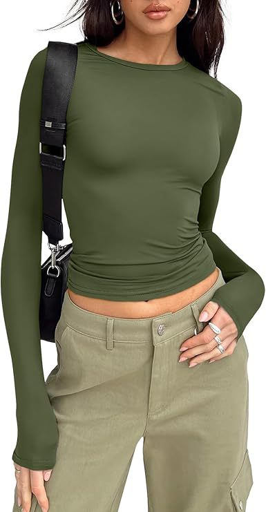 Women's Fitted Long Sleeve Crew Neck Tee Soft Stretch Basic