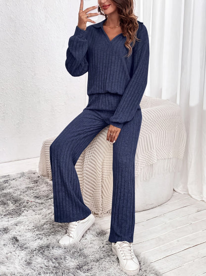 Womens Ribbed Lounge Set Long Sleeve Wide Leg Pants
