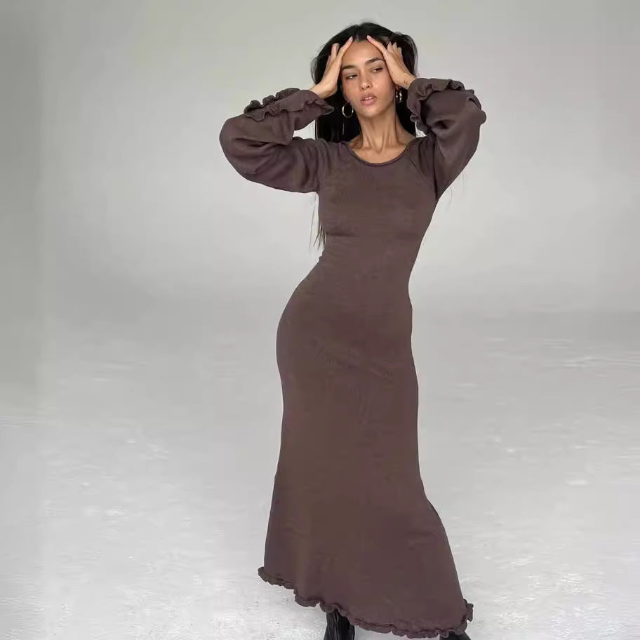 Backless Tie Back Knit Maxi Dress Long Ruffle Sleeve