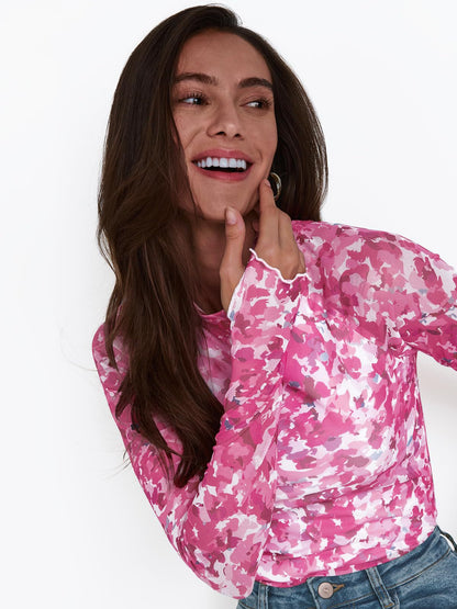 Y2K Mesh Printed Semi-Turtleneck Long Sleeve Top