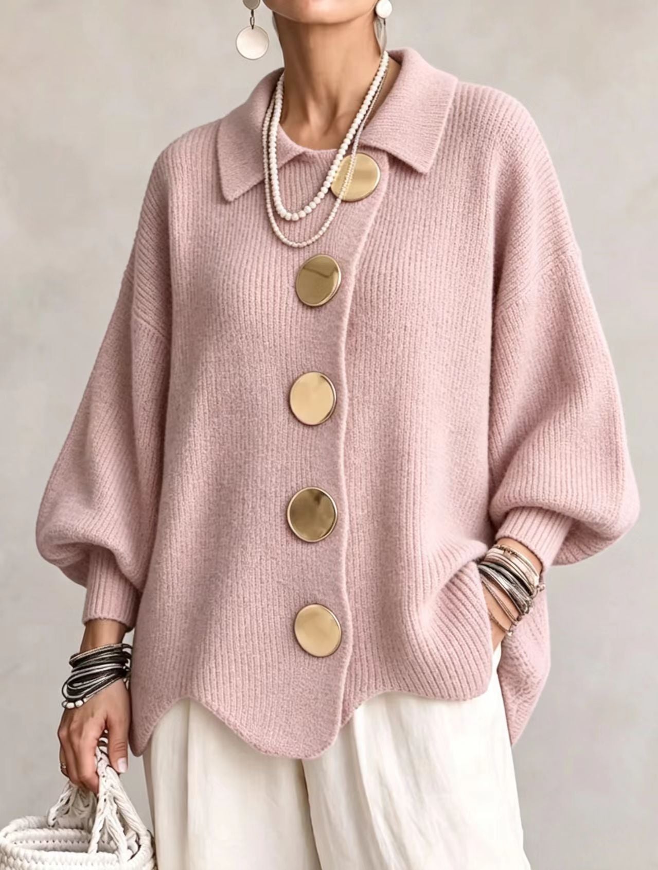Womens Oversized Collared Cardigan Chunky Knit Button Front