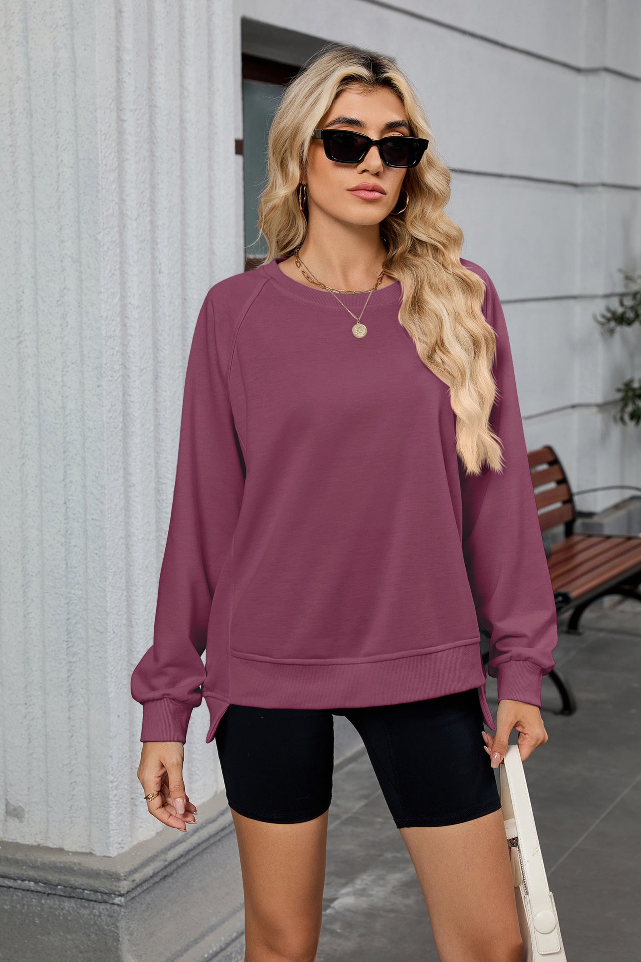 Women Oversized Crewneck Sweatshirt Long Sleeve Side Slit