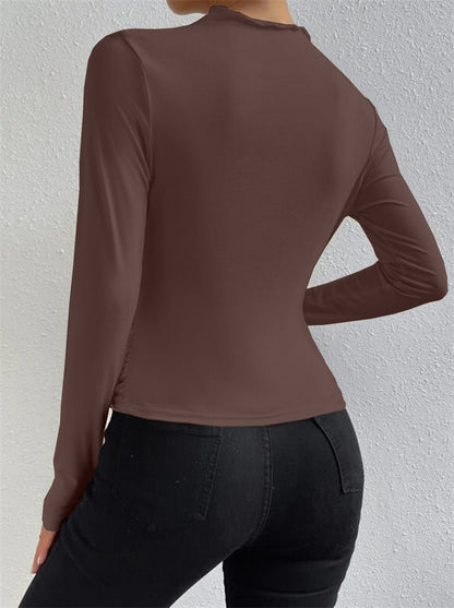 Women's Mock Neck Ruched Long Sleeve Fitted Top