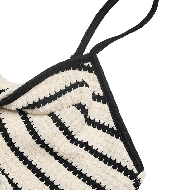 Striped Spandex Midi Dress Twisted V-Neck Slit Sleeveless