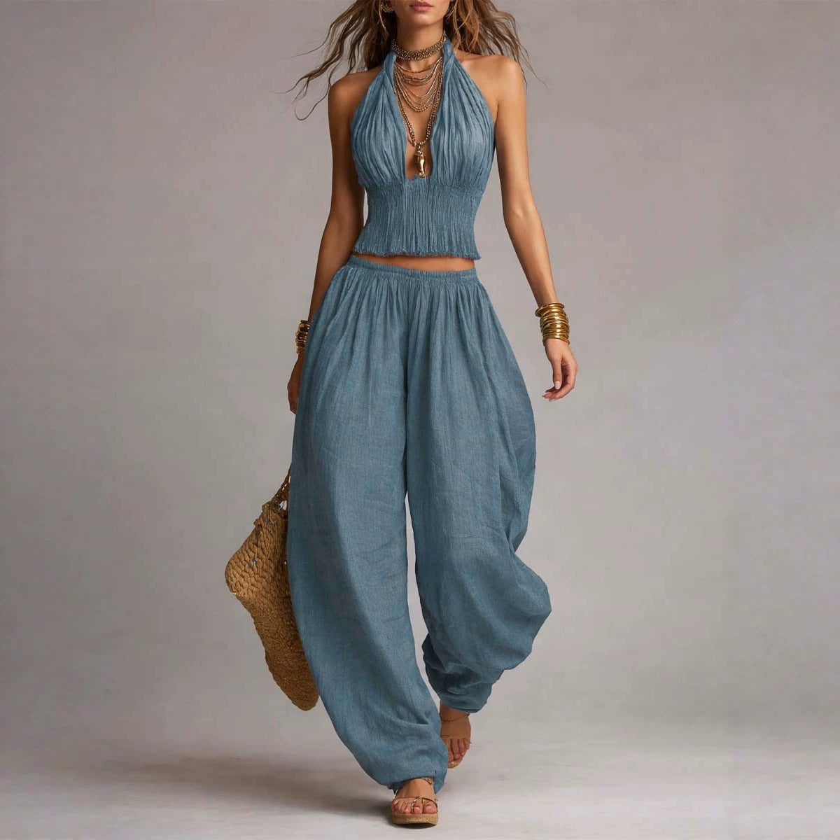 Women's Summer Halter Backless Wide Leg Pants Matching Set