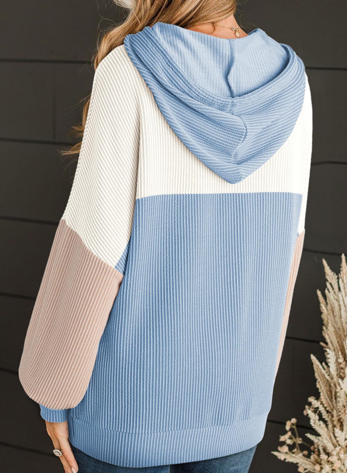 Color Block Ribbed Knit Hoodie Long Sleeve Sweatshirt