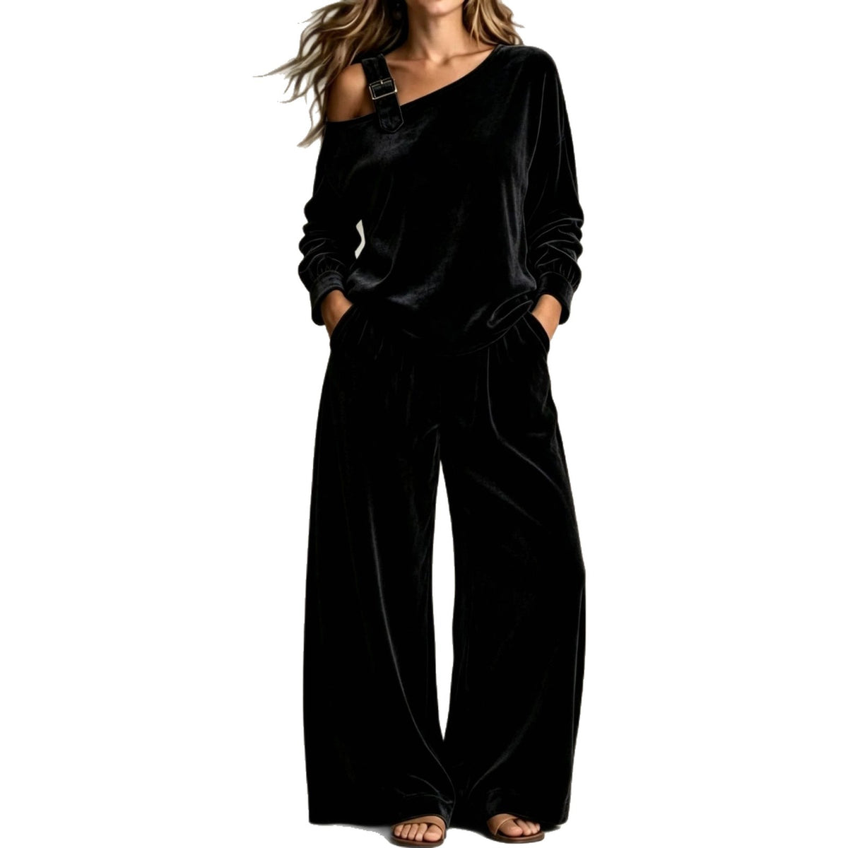 Women's Velvet Two Piece Set Wide Leg Pants Off Shoulder