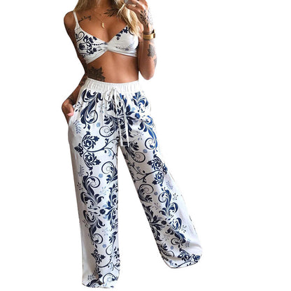 Boho Butterfly Print Crop Top Wide Leg Pants Set