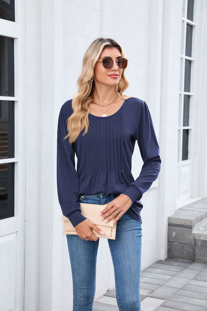 Women's Long Sleeve Pleated Tunic Top Loose Casual Blouse