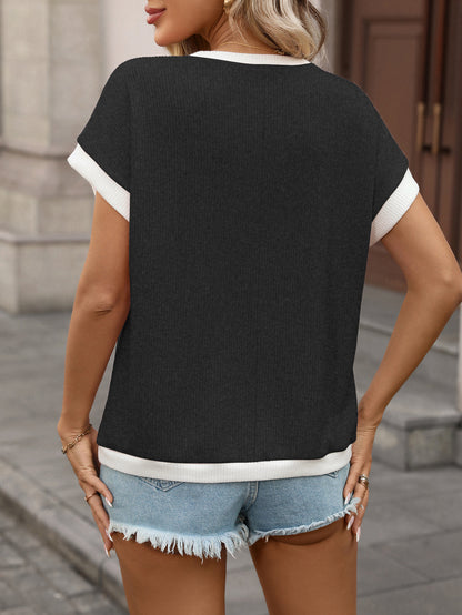 Khaki Contrast Trim Knit Tee Loose Crew Neck Top