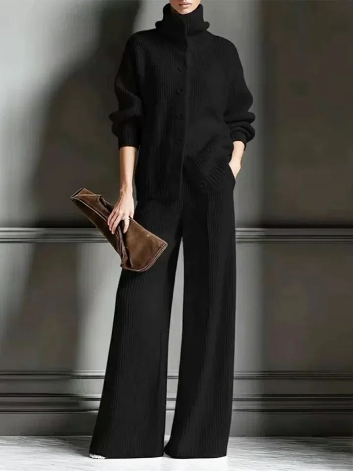 Women's Knit Turtleneck Cardigan Wide Leg Pants Set