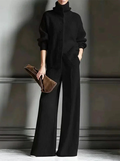 Women's Knit Turtleneck Cardigan Wide Leg Pants Set