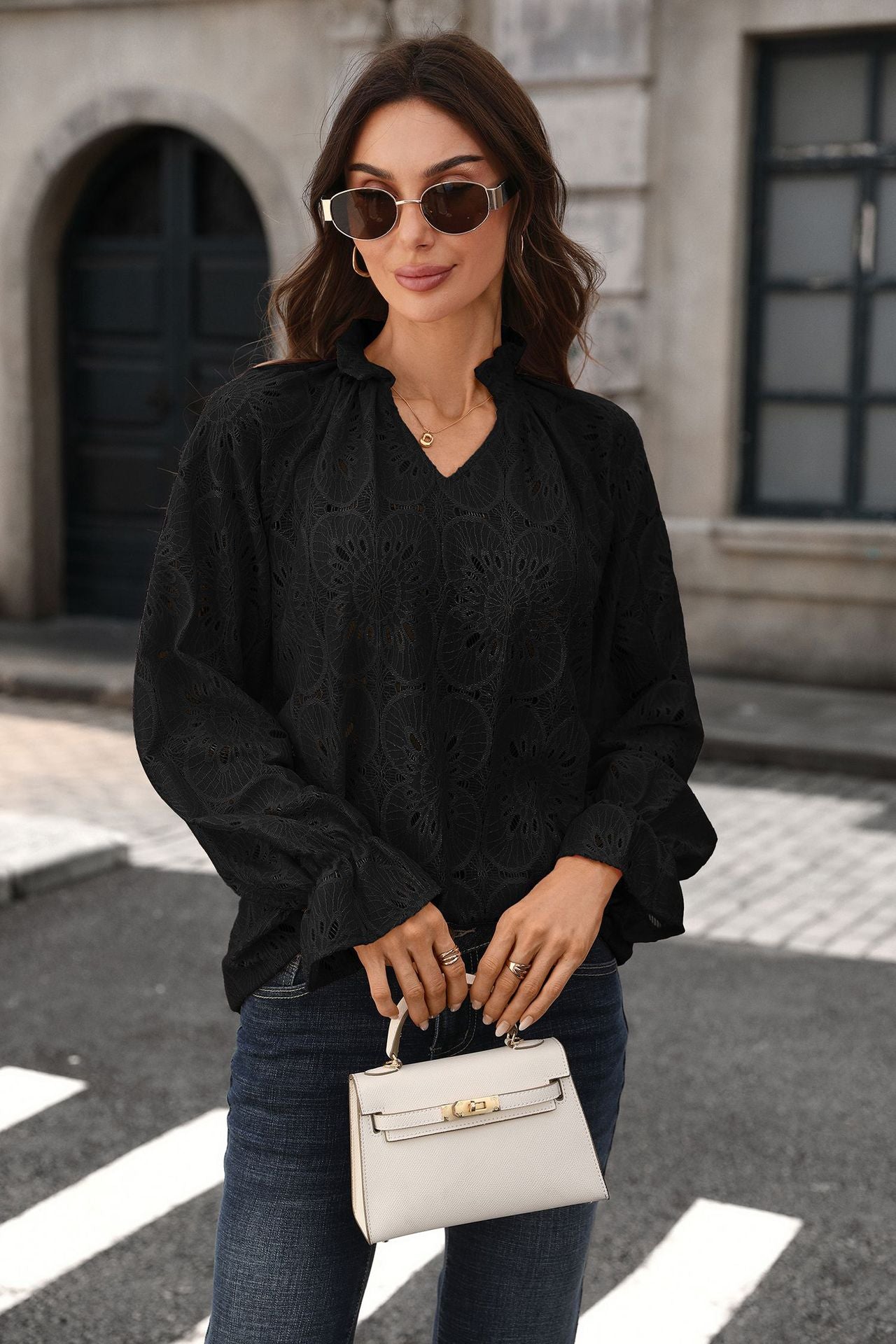 Eyelet Lace Blouse V Neck Puff Sleeve Top