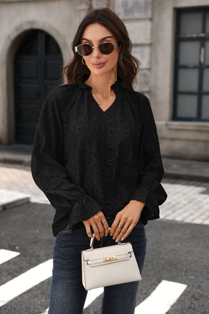 Eyelet Lace Blouse V Neck Puff Sleeve Top