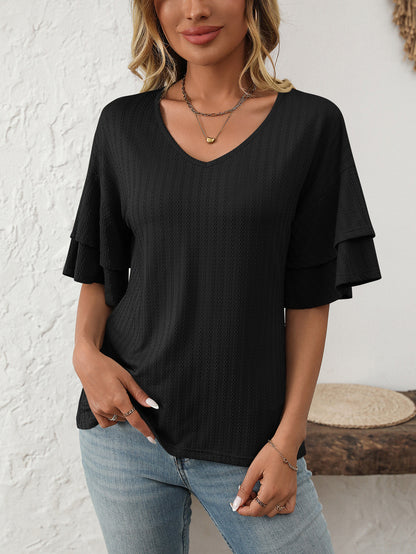 V-Neck Lotus Leaf Sleeve Women’s T-Shirt Top