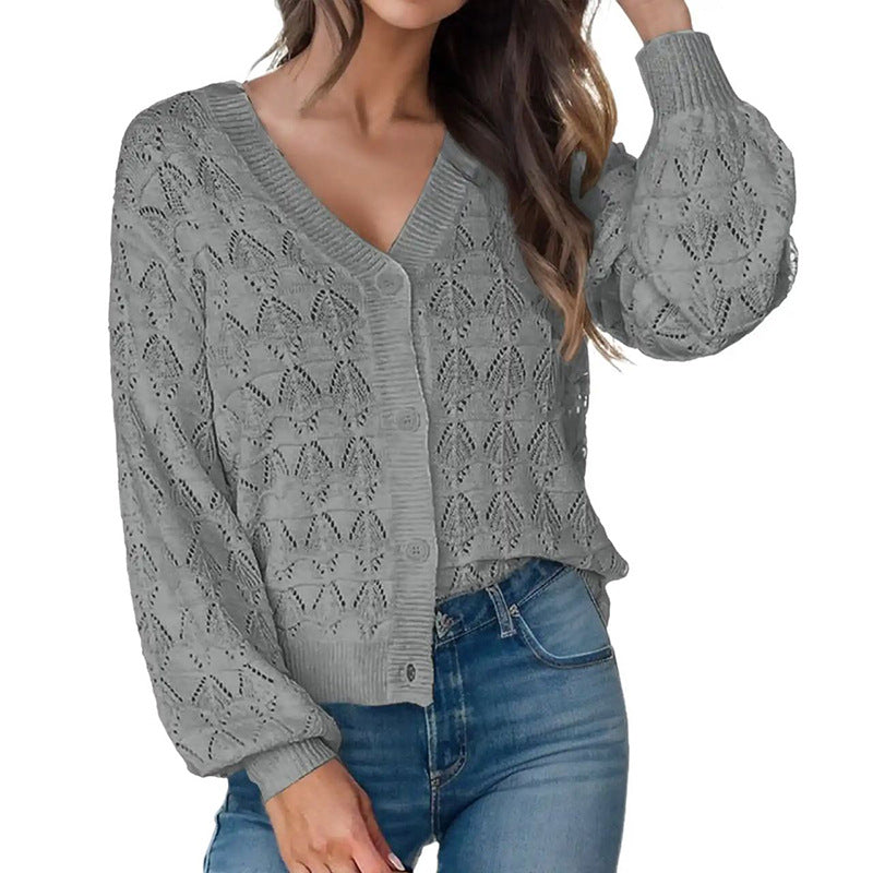 Women's V-Neck Button Front Crochet Knit Cardigan Sweater