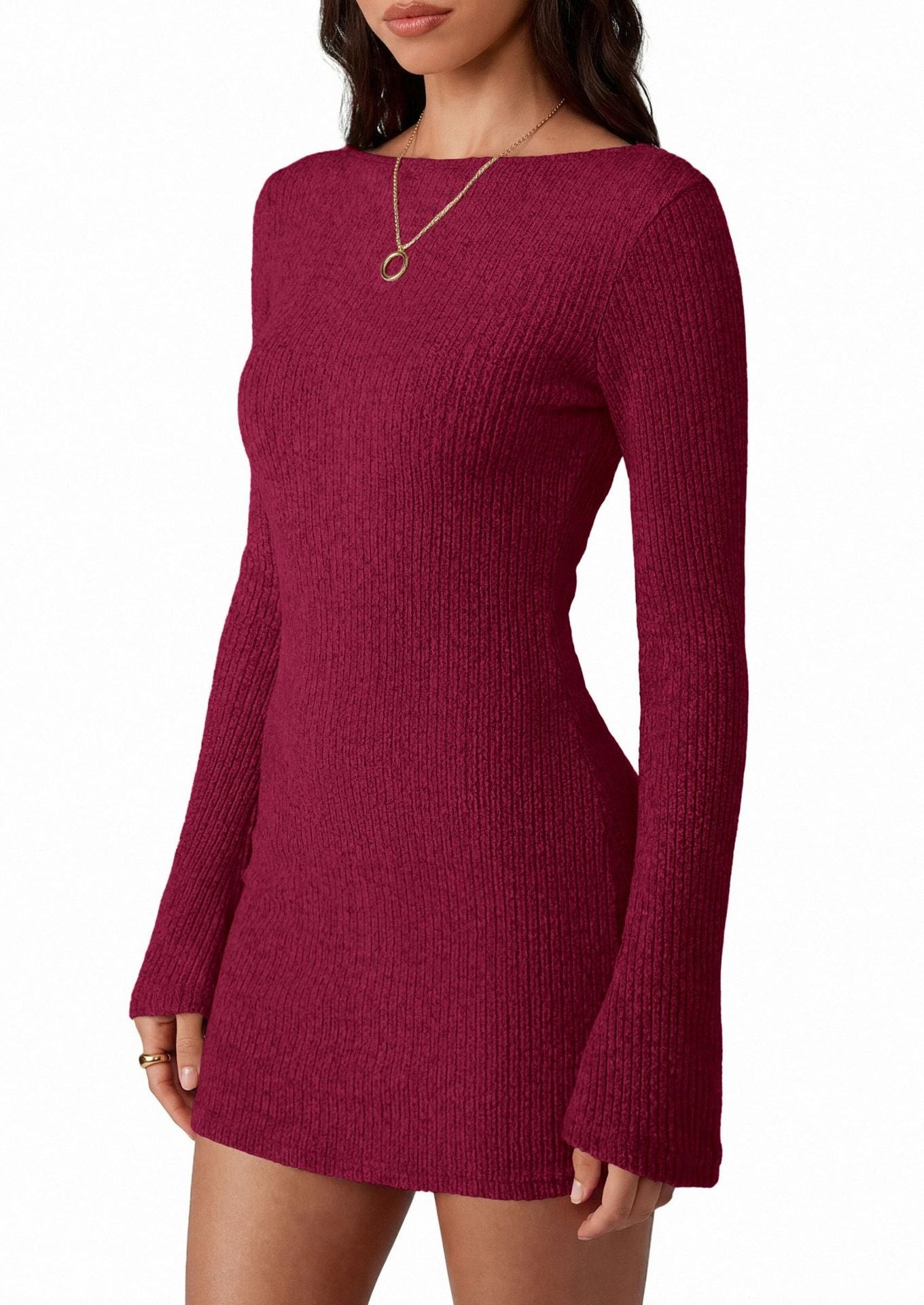 Solid ribbed knit bodycon mini dress bell sleeve