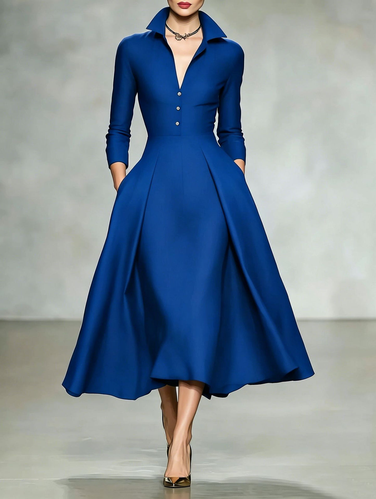 Women's Collared V Neck Long Sleeve Midi Shirt Dress