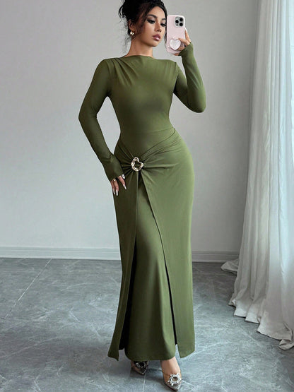 Women's Long Sleeve Bodycon Maxi Dress Knit Ring Detail