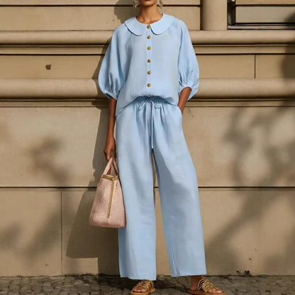 Women's Puff Sleeve Collared Shirt Wide Leg Pants Set