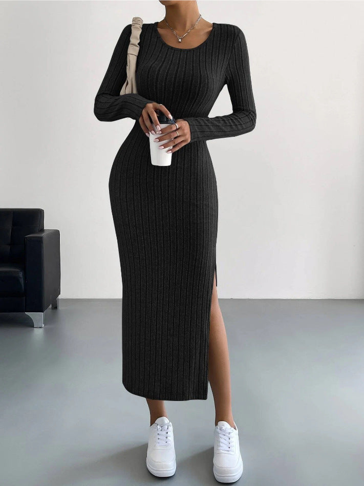 Ribbed Knit Long Sleeve Side Slit Bodycon Midi Dress