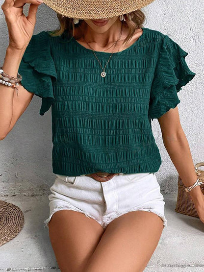 Ruffle Sleeve Crew Neck Casual Summer Blouse Top