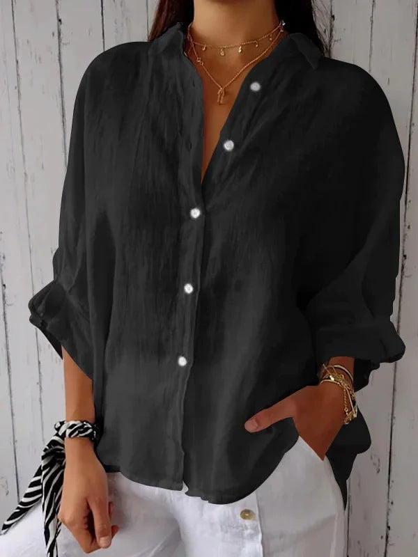 Cotton Linen Tie Back Button Down Shirt Long Sleeve
