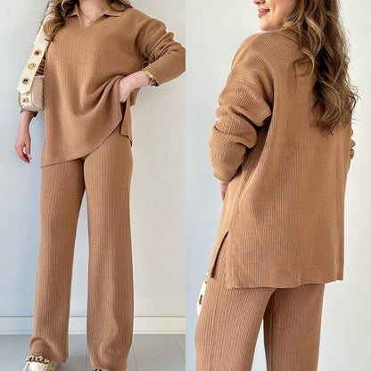 Ribbed Knit Side Slit Lounge Set Wide Leg Pants