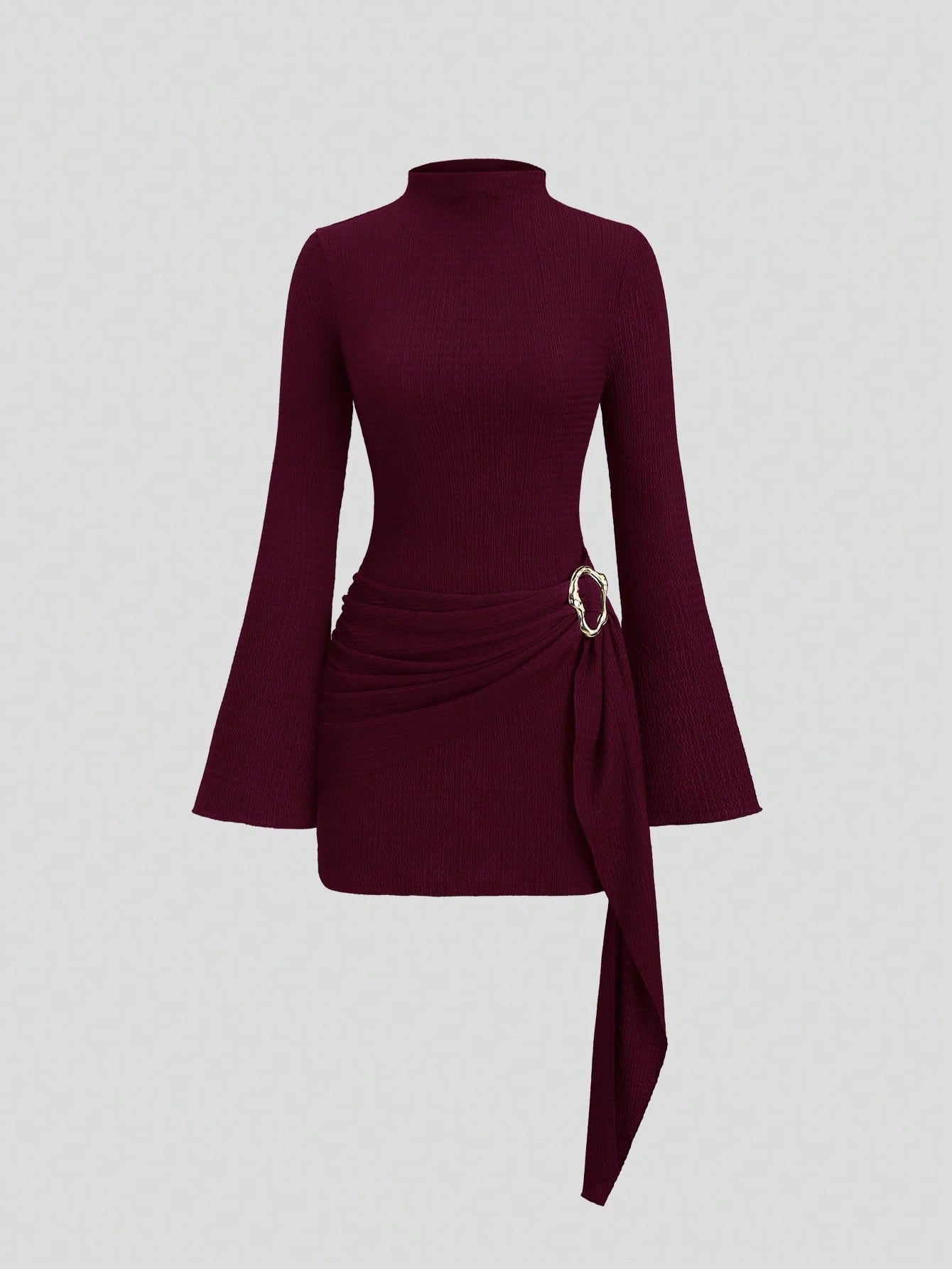 Ruched Knit Bodycon Dress Metal Ring Long Sleeve Mini