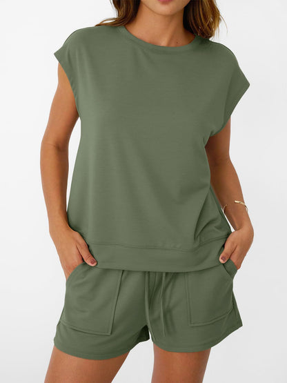 Womens Casual Lounge Set Cap Sleeve Top and Shorts