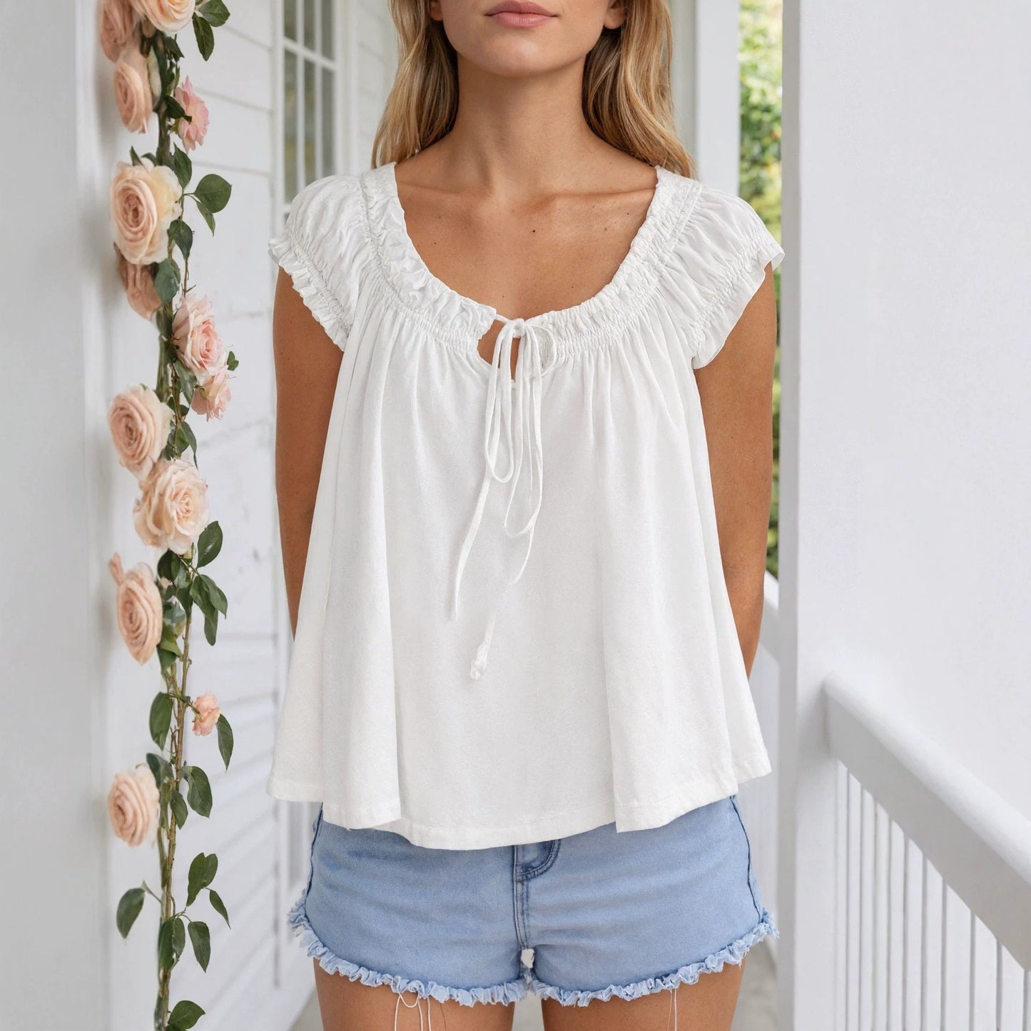 Ruffled Tie Front Tank Top Sleeveless Casual Cute Blouse
