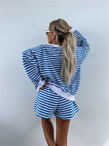 Striped V Neck Shorts Set Resort Lounge Two Piece