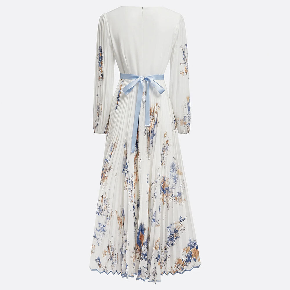Floral Pleated V-Neck Long Sleeve Maxi Dress