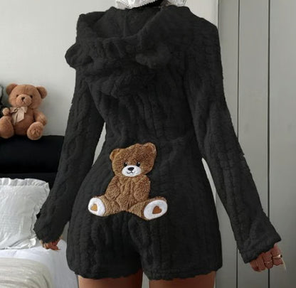Women's Fuzzy Hooded Teddy Bear Romper Plush Cute