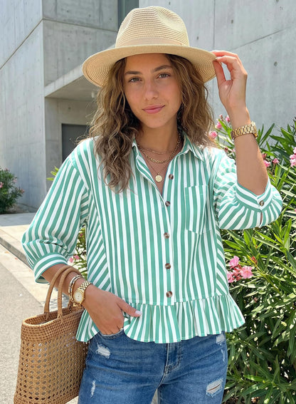 Striped Button Down Ruffle Hem 3/4 Sleeve Blouse