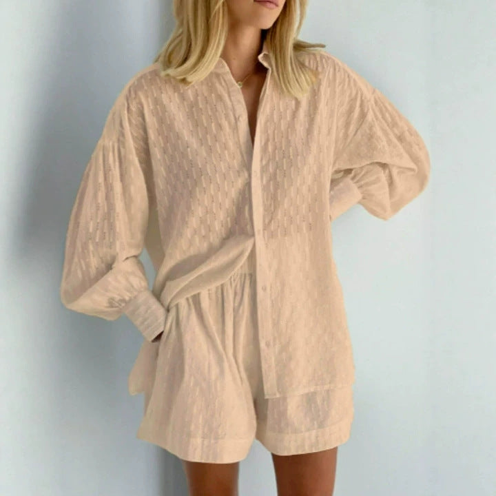 Women's Cotton Jacquard Shirt and Shorts Two Piece Set