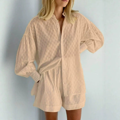 Women's Cotton Jacquard Shirt and Shorts Two Piece Set