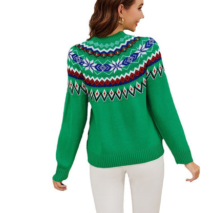 Retro Fair Isle Green Knit Christmas Sweater for Women
