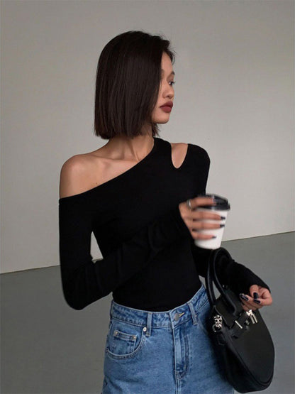 One Shoulder Cutout Long Sleeve Fitted Top