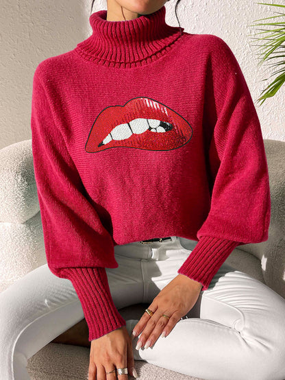 Ladies Bottom Shirt Sequin Embroidered Lip Turtleneck