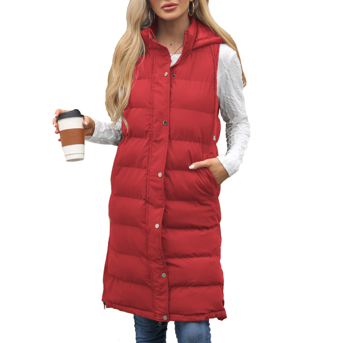 Women's Long Hooded Sleeveless Quilted Puffer Vest