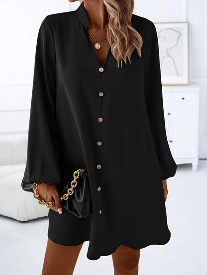 Women's V-Neck Balloon Sleeve Button Down Shirt Dress
