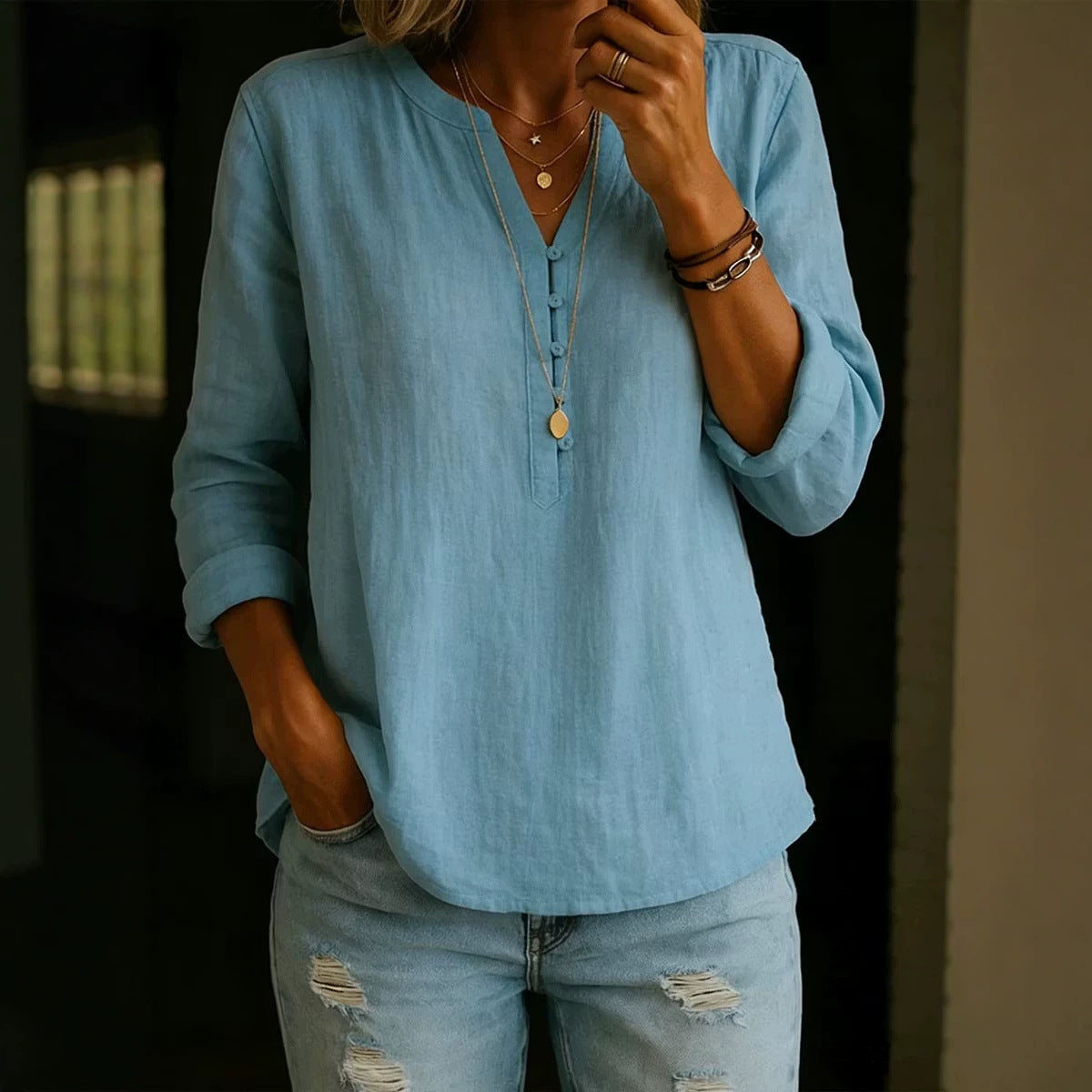 Women's V Neck Long Sleeve Button Cotton Linen Blouse
