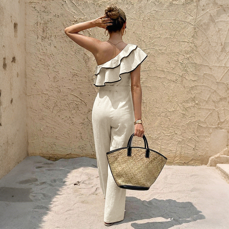 Women One Shoulder Ruffle Jumpsuit Wide Leg High Waist Tie Waist