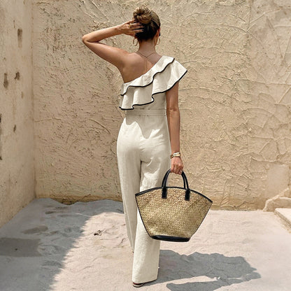 Women One Shoulder Ruffle Jumpsuit Wide Leg High Waist Tie Waist