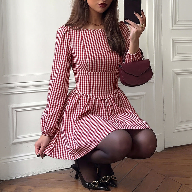 Gingham Bow Back Long Sleeve Christmas Mini Dress