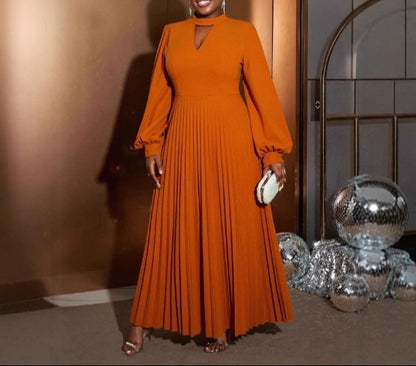 Plus Size Pleated Maxi Dress Lantern Sleeve Mock Neck